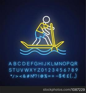 Paddle surfing neon light icon. Sup boarding watersport, extreme underwater kind of sport. Recreational outdoor activity. Glowing sign with alphabet, numbers and symbols. Vector isolated illustration