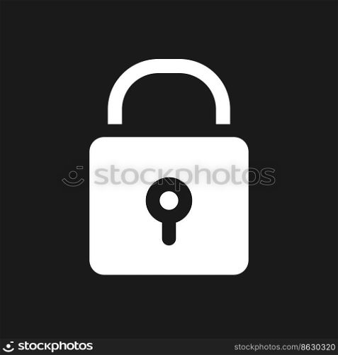Padlock pixel dark mode glyph ui icon. Closed access to sensitive data. User interface design. White silhouette symbol on black space. Solid pictogram for web, mobile. Vector isolated illustration. Padlock pixel dark mode glyph ui icon