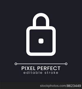 Padlock pixel perfect white linear ui icon for dark theme. Cyber security service. Vector line pictogram. Isolated user interface symbol for night mode. Editable stroke. Poppins font used