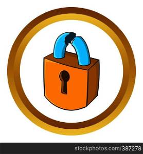 Padlock which is broken vector icon in golden circle, cartoon style isolated on white background. Padlock which is broken vector icon