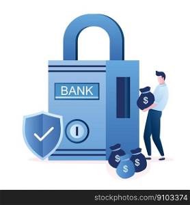 Padlock with bank inscription,protective shield and businessman with bags of money. Safe deposit concept,male character in trendy style. Vector illustration