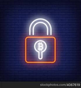 Padlock with bitcoin neon sign. Red padlock with bitcoin symbol inside of hole. Night bright advertisement. Vector illustration in neon style for security and electronic money protection