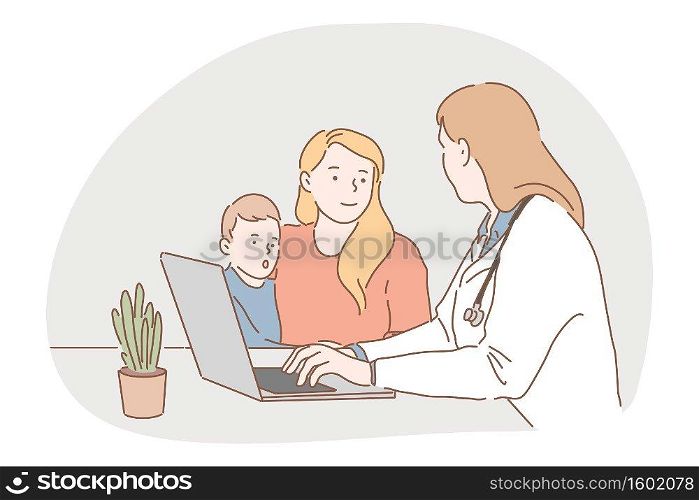 Paediatrician, medicare, health examination concept. Young woman doctor cartoon character talking to mother and son in medical clinic during consultation and typing prescription on laptop illustration. Paediatrician, medicare, health examination concept