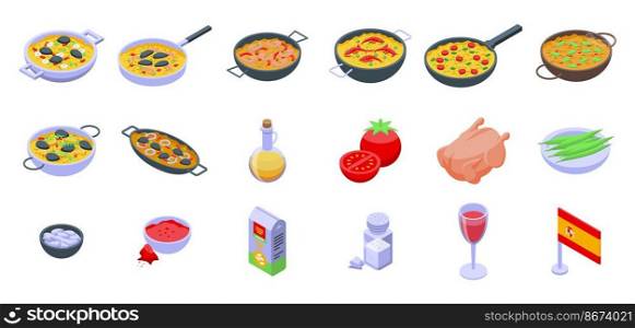 Paella icons set isometric vector. Dish cook. Cooking cuisine. Paella icons set isometric vector. Dish cook