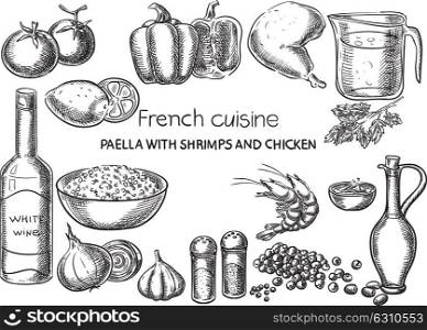 Paella with Shrimps and Chicken. Creative conceptual vector. Sketch hand drawn french food recipe illustration, engraving, ink, line art, vector.