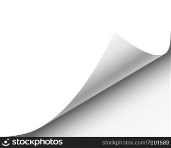 Page curl with shadow on a blank sheet of paper, design element for advertising and promotional message isolated on white background. EPS 10 vector illustration.