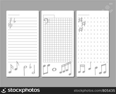 Page for notes, do to or wish list with musical elements of set. Vector illustration. Page for notes with musical elements