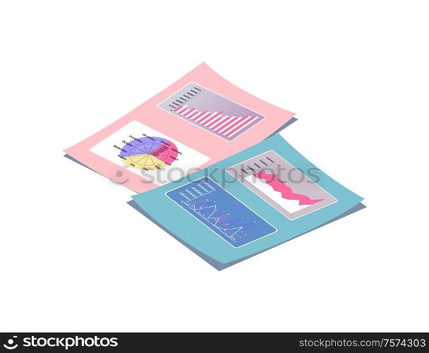 Page with diagrams and graphs vector isolated brochures. Personal data report, paper sheet in flat style. Credit score, rating document concept, blue and pink. Page with Diagrams and Graphs Vector Brochures