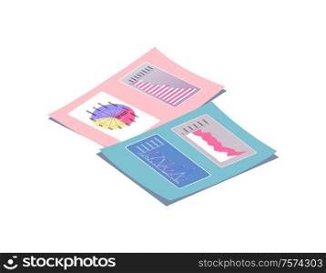 Page with diagrams and graphs vector isolated brochures. Personal data report, paper sheet in flat style. Credit score, rating document concept, blue and pink. Page with Diagrams and Graphs Vector Brochures