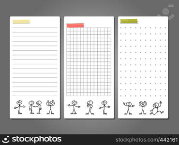 Pages for notes, tags, cards with cute line figures. Paper page notebook, blank notepaper with figure character artwork, vector illustration. Pages for notes, tags, cards with cute line figures