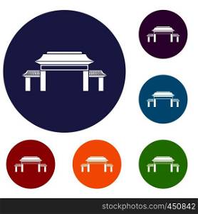 Pagoda icons set in flat circle reb, blue and green color for web. Pagoda icons set