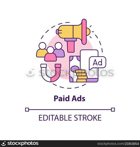 Paid ads concept icon. Business service. Digital marketing strategy abstract idea thin line illustration. Isolated outline drawing. Editable stroke. Roboto-Medium, Myriad Pro-Bold fonts used. Paid ads concept icon