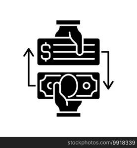 Paid check cashing black glyph icon. Cashing checks without bank account. Obtaining money instantly. Transferring money. Paying bills. Silhouette symbol on white space. Vector isolated illustration. Paid check cashing black glyph icon