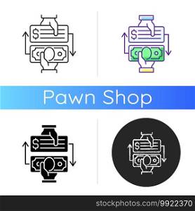 Paid check cashing icon. Cashing checks without bank account. Obtaining money instantly. Transferring money. Paying bills. Linear black and RGB color styles. Isolated vector illustrations. Paid check cashing icon