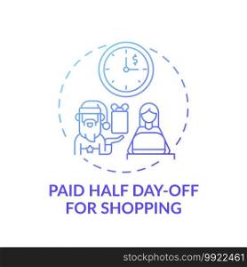 Paid half day-off for shopping concept icon. Office covid tip idea thin line illustration. Christmas, New Year Day. Gift exchange. Employees entitlements. Vector isolated outline RGB color drawing. Paid half day-off for shopping concept icon