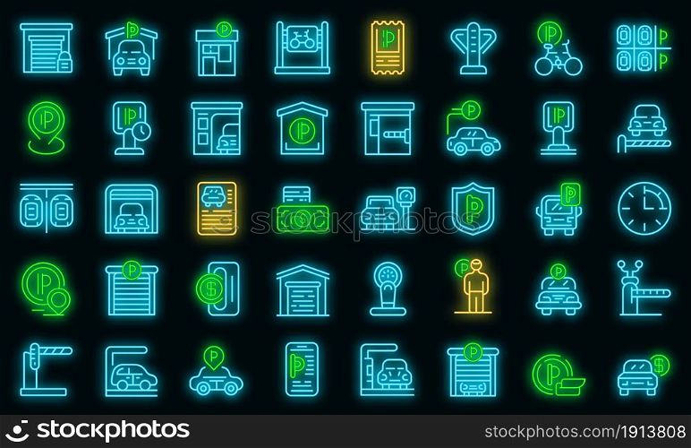 Paid parking icons set. Outline set of paid parking vector icons neon color on black. Paid parking icons set vector neon