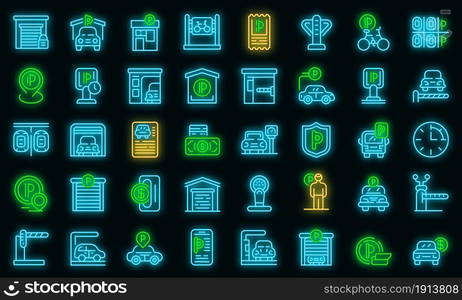 Paid parking icons set. Outline set of paid parking vector icons neon color on black. Paid parking icons set vector neon