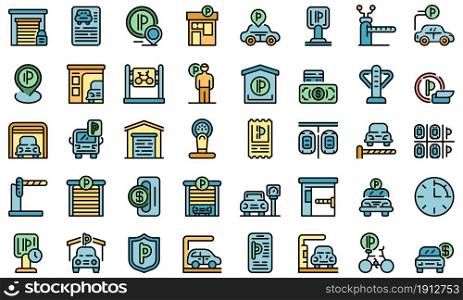 Paid parking icons set. Outline set of paid parking vector icons thin line color flat on white. Paid parking icons set vector flat