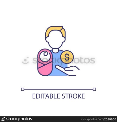 Paid paternity leave RGB color icon. Father caring for newborn. Work-life balance. Fatherhood support. Parental leave. Isolated vector illustration. Simple filled line drawing. Editable stroke. Paid paternity leave RGB color icon