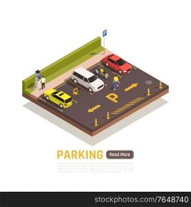 Paid perpendicular parking area for motorcycles cars scooters light vehicles with reserved spaces isometric composition vector illustration