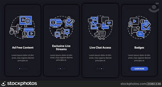Paid subscription features night mode onboarding mobile app screen. Walkthrough 4 steps graphic instructions pages with linear concepts. UI, UX, GUI template. Myriad Pro-Bold, Regular fonts used. Paid subscription features night mode onboarding mobile app screen