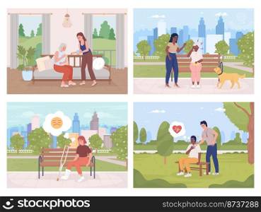 Pain attacks flat color vector illustrations set. Different kinds of aches. Health problems. Fully editable 2D simple cartoon characters collection with home and landscapes on background. Pain attacks flat color vector illustrations set