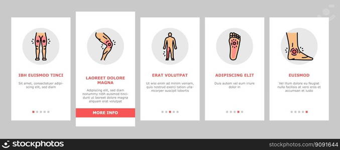 pain body ache health back onboarding mobile vector. neck medical, joint leg, injury medicine, human knee, hurt muscle, painful disease pain body ache health back Illustration. pain body ache health back onboarding icons set vector