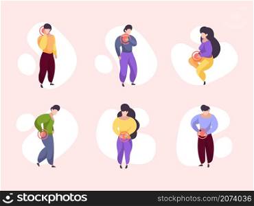Pain characters. Bad damaged human body pain feelings area patients garish vector people. Body injury pain, abdominal and backache illustration. Pain characters. Bad damaged human body pain feelings area patients garish vector people