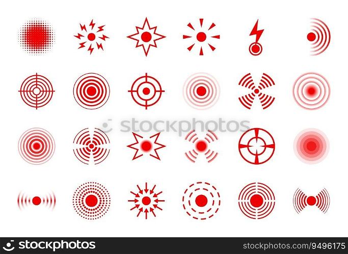 Pain circle. Red body hurt points, headache, muscle and joint pain spot symbols. Ache target icon for painkiller ads. Isolated vector set. Healthcare, healing medication for injury. Pain circle. Red body hurt points, headache, muscle and joint pain spot symbols. Ache target icon for painkiller ads. Isolated vector set
