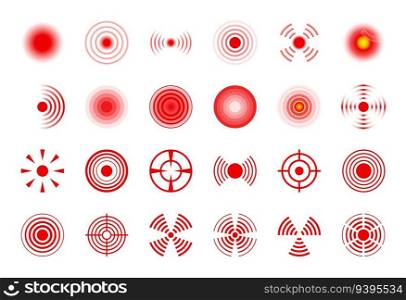 Pain circle. Red pain spots, headache and muscle, joint hurt point with waves, ache target rings for painkiller pills medicine isolated vector set. Inflammation or injury indication for advertisement. Pain circle. Red pain spots, headache and muscle, joint hurt point with waves, ache target rings for painkiller pills medicine isolated vector set