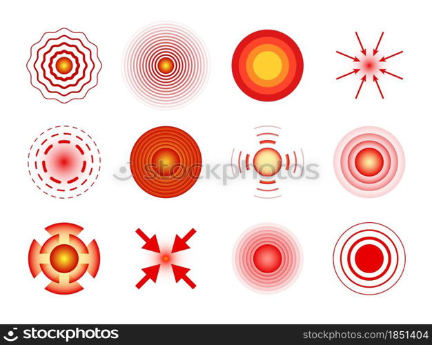 Pain circles red. Pain spots local, joint and muscles pains. Migraine and belly hurt, headaches medicine. Hurt localization marker design element for painkiller pills. Vector isolated on white set. Pain circles red. Pain spots local, joint and muscles pains. Migraine and belly hurt, headaches medicine. Hurt localization marker design element for painkiller pills. Vector isolated set