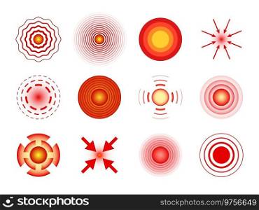 Pain circles red. Pain spots local, joint and muscles pains. Migraine and belly hurt, headaches medicine. Hurt localization marker design element for painkiller pills. Vector isolated on white set. Pain circles red. Pain spots local, joint and muscles pains. Migraine and belly hurt, headaches medicine. Hurt localization marker design element for painkiller pills. Vector isolated set