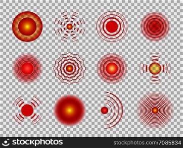 Pain circles. Red painful target spot, muscle and joint pain local spots. Headaches, belly hurt or sound waves health painfully medicine healing icons vector set. Pain circles. Red painful target spot, muscle and joint pain local spots. Headaches, belly hurt or sound waves vector set