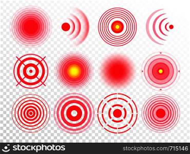 Pain circles. Red painful target spot, targeting medication remedy circle and joint pain spots. Muscle pain, painful headaches or health healing sound wave isolated vector icons set. Pain circles. Red painful target spot, targeting medication remedy circle and joint pain spots isolated vector set
