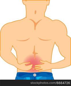 Pain in the field of belly vector illustration on white background. Man feels strong pain in the field of belly