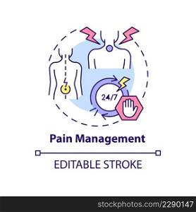 Pain management concept icon. Patient care. Service of medical center abstract idea thin line illustration. Isolated outline drawing. Editable stroke. Arial, Myriad Pro-Bold fonts used. Pain management concept icon