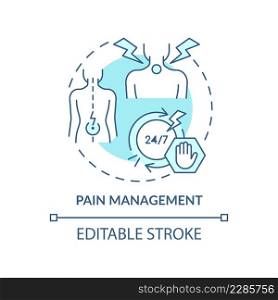 Pain management turquoise concept icon. Patient care. Service of medical center abstract idea thin line illustration. Isolated outline drawing. Editable stroke. Arial, Myriad Pro-Bold fonts used. Pain management turquoise concept icon