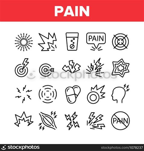 Pain Medical Collection Elements Icons Set Vector Thin Line. Medicine Pills And Medicament In Water Glass, Muscle Pain And Target Concept Linear Pictograms. Monochrome Contour Illustrations. Pain Medical Collection Elements Icons Set Vector