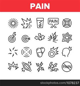 Pain Medical Collection Elements Icons Set Vector Thin Line. Medicine Pills And Medicament In Water Glass, Muscle Pain And Target Concept Linear Pictograms. Monochrome Contour Illustrations. Pain Medical Collection Elements Icons Set Vector