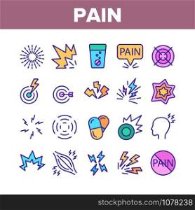 Pain Medical Collection Elements Icons Set Vector Thin Line. Medicine Pills And Medicament In Water Glass, Muscle Pain And Target Concept Linear Pictograms. Color Contour Illustrations. Pain Medical Collection Elements Icons Set Vector