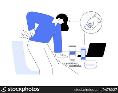 Pain medication abstract concept vector illustration. Patient with backache taking pills, pain medicine industry, pharmaceutical market, drugs usage, chronic osteochondrosis abstract metaphor.. Pain medication abstract concept vector illustration.