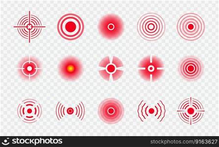 Pain points. Vector sick places localization marks isolated vector icons set. Red circular elements with targets and wavy extensions. Unpleasant physical sensations of varying intensity and body aches. Pain points, vector sick places localization marks