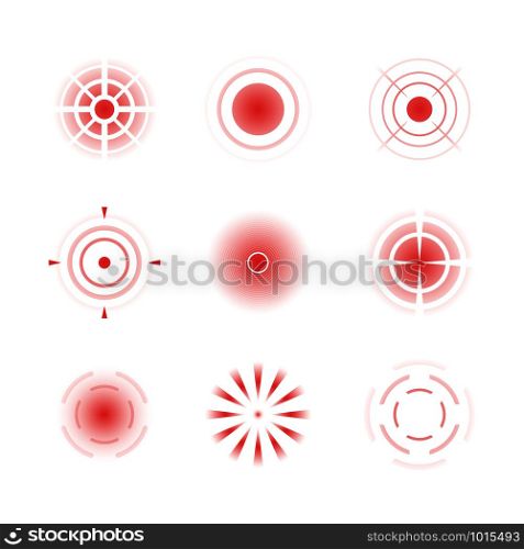Pain red rings. Male female headache bones painful target vector radial shapes. Illustration of point problem, painful radial red. Pain red rings. Male female headache bones painful target vector radial shapes