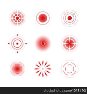 Pain red rings. Male female headache bones painful target vector radial shapes. Illustration of point problem, painful radial red. Pain red rings. Male female headache bones painful target vector radial shapes
