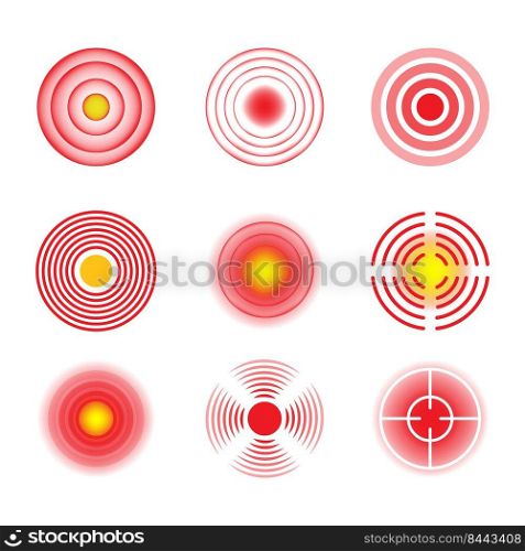 Pain spots set. Inflammation focus, red pain circle, target, sore marker. Can be used for painful tooth, throat, joint, neck illustration, medical therapy concept