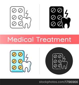 Painkillers icon. Relieving toothaches. Analgesic medicine. Anti-inflammatory drug. Headaches, injuries, muscle strains treatment. Linear black and RGB color styles. Isolated vector illustrations. Painkillers icon