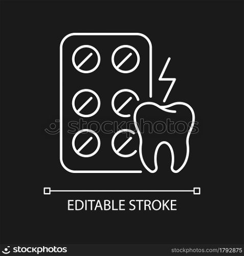 Painkillers white linear icon for dark theme. Relieving toothaches. Anti-inflammatory drug. Thin line customizable illustration. Isolated vector contour symbol for night mode. Editable stroke. Painkillers white linear icon for dark theme