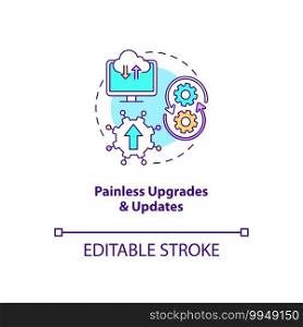 Painless upgrades and updates concept icon. SaaS advantage idea thin line illustration. No patches for customers. Significant changes. Vector isolated outline RGB color drawing. Editable stroke. Painless upgrades and updates concept icon