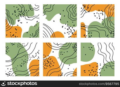 Paint blots and wavy lines in abstract composition or print s&les. Curves and dots, shapes and stylish representation of cover or background. Art cut in several pieces. Vector in flat style. Abstract wavy lines and watercolor paint splashes