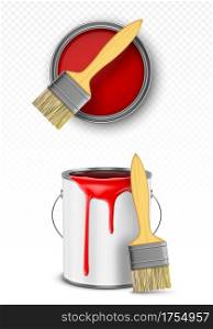 Paint can with brush, tin bucket with red dripping drops top and front view, metal pot, container with dye for renovation works isolated on transparent background, Realistic 3d vector illustration. Paint can with brush, tin bucket with red drops